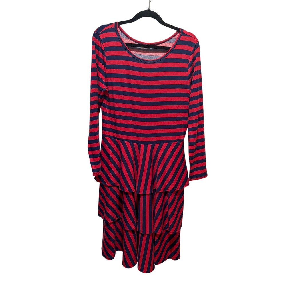 LuLaRoe Red Navy Blue Striped Tiered Ruffle Long Sleeve Dress XL